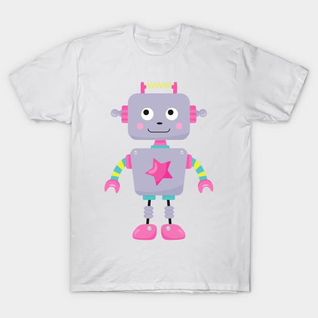 Cute Robot, Funny Robot, Silly Robot, Purple Robot T-Shirt by Jelena Dunčević